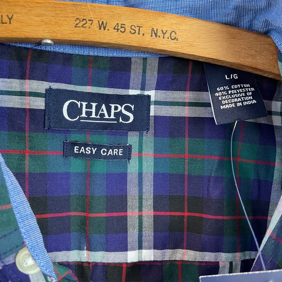 NEW Chaps Mens Shirt Green Navy Plaid Sz L Long Sleeve Button Down Easy Care - Picture 4 of 9